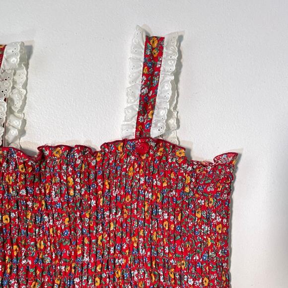 Vintage 80's Red Floral Shirred Cottagecore Dress / Sz XL Plus Handmade Prairie - Picture 4 of 8